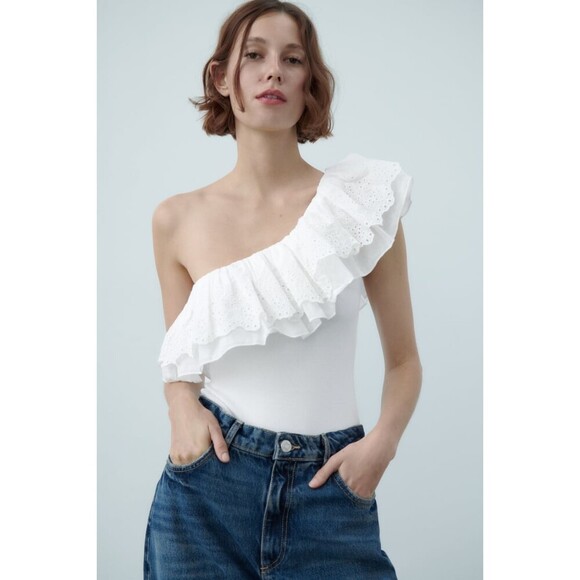 White Zara One Shoulder Openwork Eyelet Embroidered Ruffle Bodysuit (NWT) - Picture 1 of 8